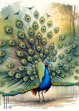 Watercolor Peacock with Displayed Feathers