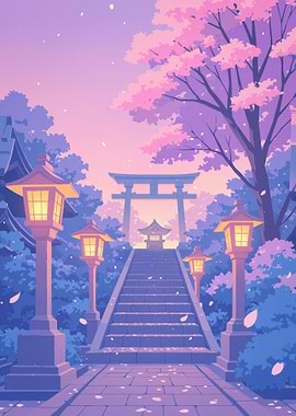 Anime Japanese Shrine with Cherry Blossoms