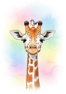 Giraffe and Bird Watercolor Illustration
