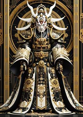 Ornate Golden Samurai Guardian — Kabuki-Masked Ceremonial Armor (Digital Art)