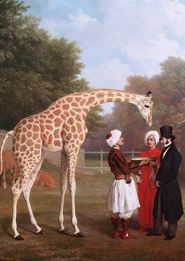 Giraffe and Men in Historical Attire