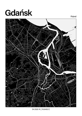 Gdańsk Black and White Map
