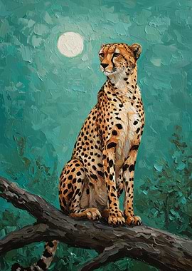 Cheetah on Branch Under Moonlight Painting
