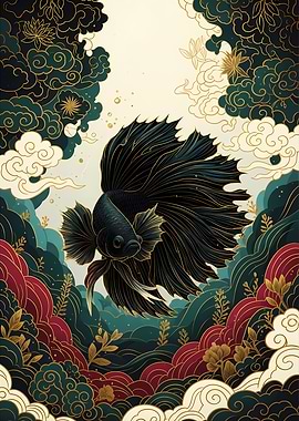 Elegant Black Betta Fish Art