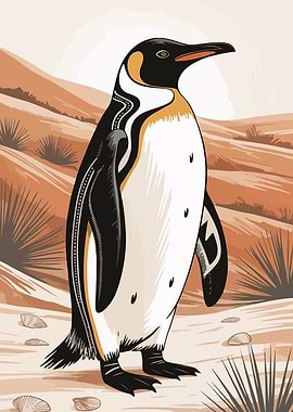 Stylized Penguin in Desert Landscape