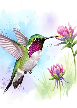 Hummingbird and Flowers Watercolor Illustration
