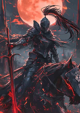 Dark Knight on Horseback with Red Moon