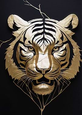 Golden Tiger Head on Black Background