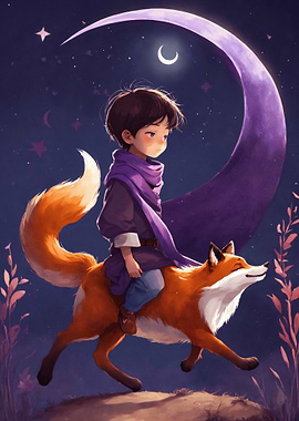Boy riding a fox under moonlight