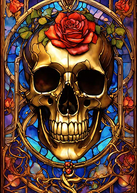 Golden Skull with Rose Stained Glass