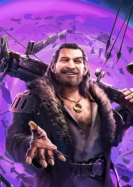 Smiling man with crossbow in space