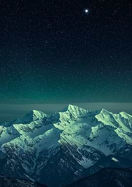 Snowy Mountains Under Starry Night Sky