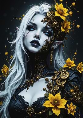 Fantasy Elf with Flowers and Gears