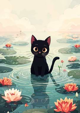 Black Cat in Lily Pond Illustration