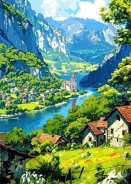 Scenic Mountain Village Landscape Painting