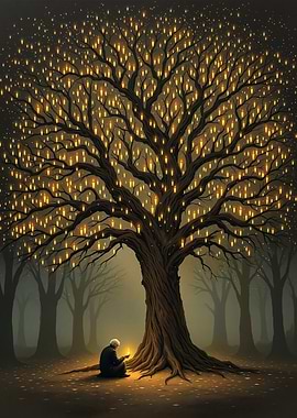 Enchanted Tree with Glowing Candles with Seated Figure
