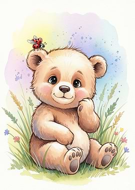 Watercolor Teddy Bear with Ladybug