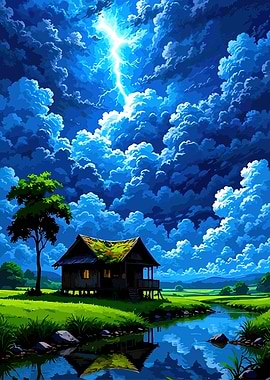 Cabin under stormy sky with lightning