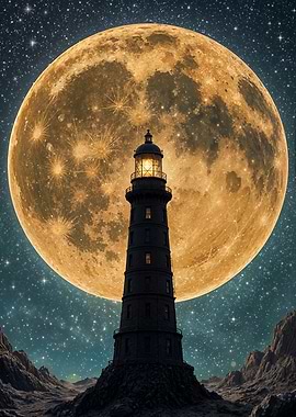 Lighthouse under a giant moon