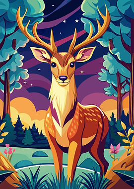 Colorful Deer in Forest Illustration