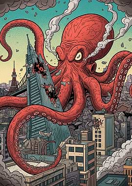 Giant Octopus Attacks Cityscape