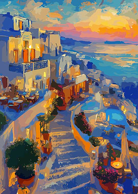 Santorini Village Painting at Sunset
