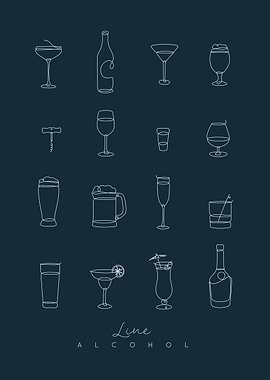Line Art Alcohol Drinks on Blue