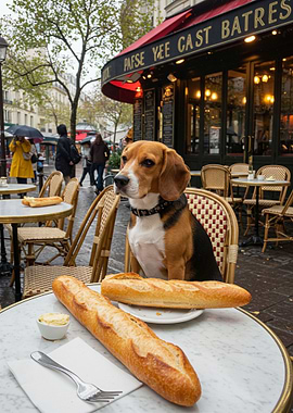 Beagle at Parisian Cafe with Baguettes