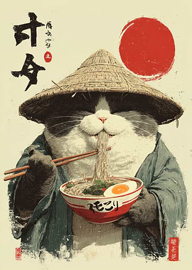 Cat Samurai Eating Ramen