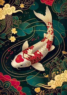 Koi Fish Art with Floral Elements
