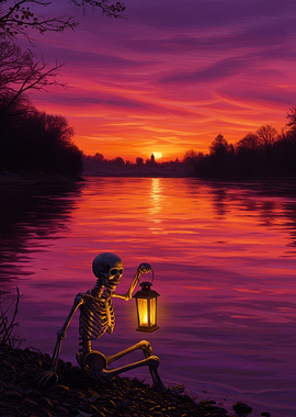 Skeleton with Lantern at Sunset Lake