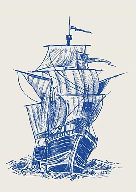 Blue Ink Sailing Ship Illustration