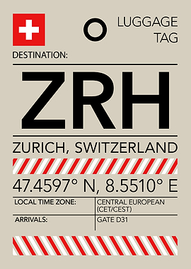 ZRH Zurich, Switzerland Airport Luggage Tag