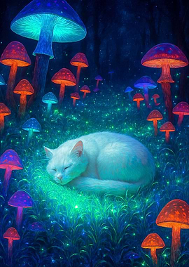 Dreamy Cat in Mushroom Forest