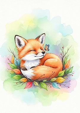 Sleeping Fox with Butterfly Watercolor Art