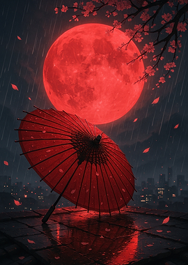 Red Moon, Umbrella, and Rainy Night