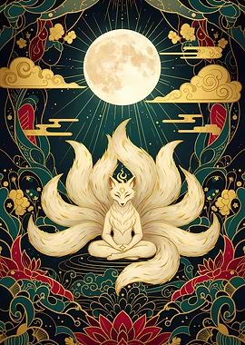 Nine-tailed Fox Meditation Under the Moon