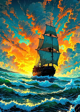Sailing Ship at Sea, Colorful Sky