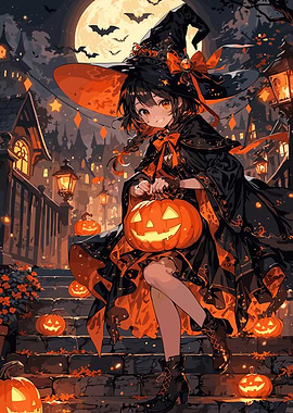 Anime Witch with Pumpkin on Halloween Night