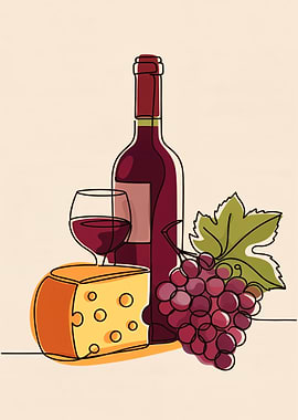 Wine, Cheese, and Grapes Still Life