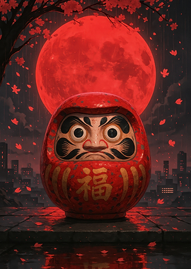 Daruma Doll Under Red Moon