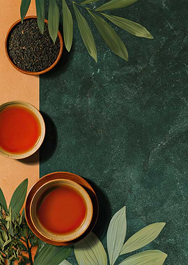 Tea Still Life with Green Leaves