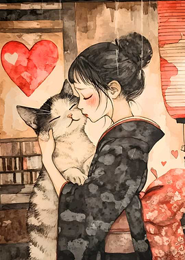 Girl and Cat Watercolor Illustration