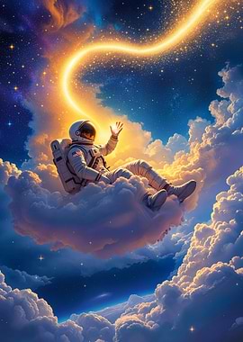 Astronaut Relaxing on Cosmic Clouds Fantasy Space