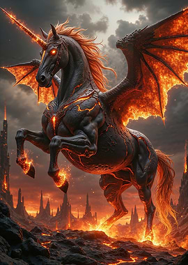 Fiery Winged Unicorn in Volcanic Landscape