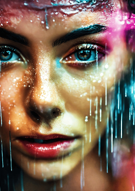 Woman's face in the rain close-up