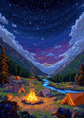 Pixel Art Camping Under Starry Sky