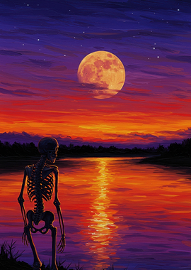 Skeleton by the Lake at Sunset