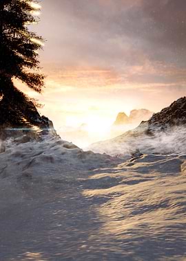 Winter Mountain Landscape at Sunset