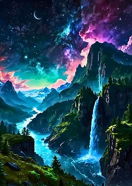 Colorful Mountain Landscape with Waterfall